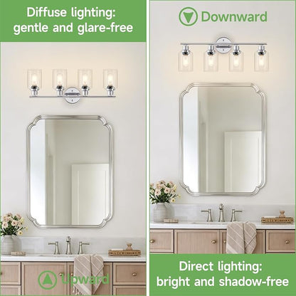 4-Light Bathroom Light Fixtures, Modern Chrome Vanity Lights for Bathroom with Clear Glass Shade, Wall Lamps for Mirror Hallway Kitchen Cabinet Living Room Sconces Lights