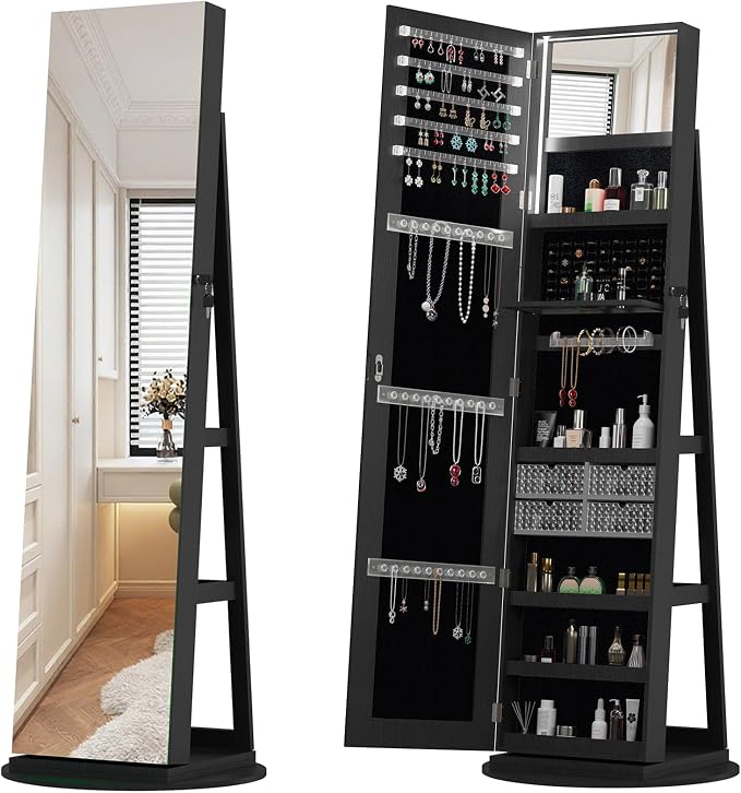 360° Swivel Jewelry Armoire with Full-Length Mirror, Lockable Standing Jewelry Cabinet Organizer w/ Inside Makeup Mirror, Back Storage Shelves for Bedroom, Cloakroom, Living Room (Antique Black1)