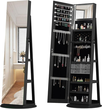 360° Swivel Jewelry Armoire with Full-Length Mirror, Lockable Standing Jewelry Cabinet Organizer w/ Inside Makeup Mirror, Back Storage Shelves for Bedroom, Cloakroom, Living Room (Antique Black1)