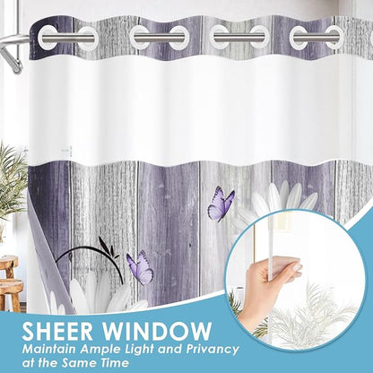 No Hook Shower Curtain with Snap in Liner 54x80 Inch Flower Daisy | Purple Wooden Boards Modern Double Layers Waterproof Fabric with See Through Top Window Open Grommet Bath Curtain