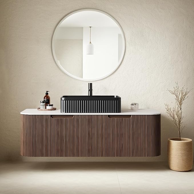 48" Floating Bathroom Vanity with Sink, Wall-Mount Cabinet with 2 Large Storage Drawer, Black Rectangular Ceramic Basins and Marble Top, Soft-Close Design, Dark Walnut