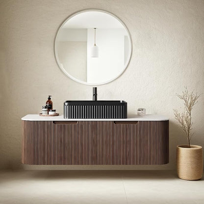 48" Floating Bathroom Vanity with Sink, Wall-Mount Cabinet with 2 Large Storage Drawer, Black Rectangular Ceramic Basins and Marble Top, Soft-Close Design, Dark Walnut