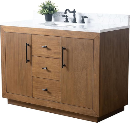 Vanity Art 48" Bathroom Vanity with Sink, Solid Poplar Wood Vanity Cabinet with Doors and Shelf, Modern Wood Bathroom Vanity with White Marble Top, 3 Functioning Drawers, VA70-48-T-E