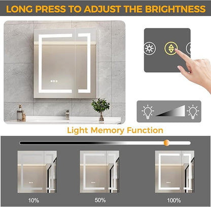 24 * 26 Bathroom Lighted Medicine Cabinet, Professional Makeup Medicine Cabinet Mirror, Large Storage LED Mirror with USBs, Stepless Dimming & Anti-Fog, 3-Color Light