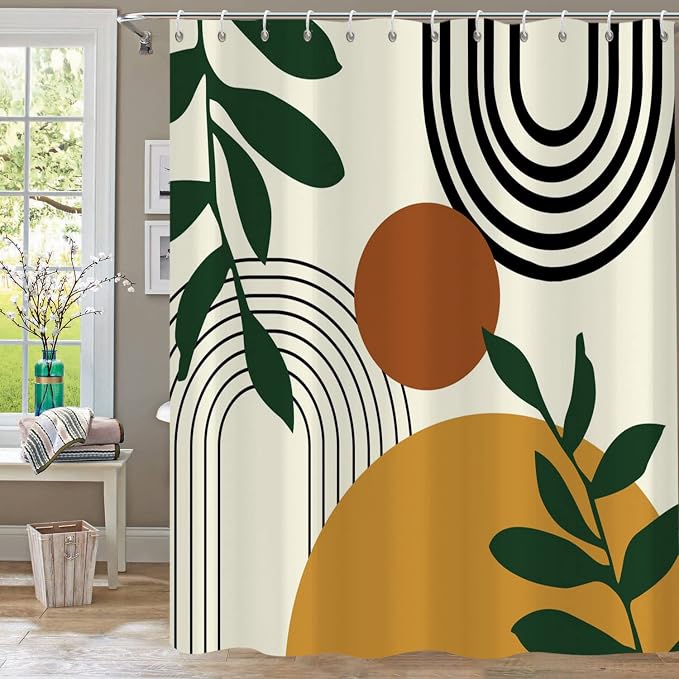 Abstract Boho Mid Century Shower Curtains for Bathroom Geometric Leaves Moon Phase Beige Modern Minimalistic Plant Fabric Waterproof Bathroom Curtain Decor Set with 12 Hooks 72x72 Inch