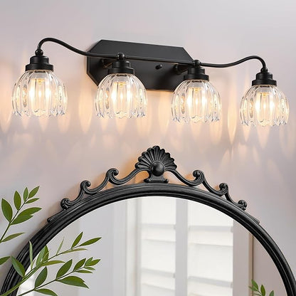 Vintage Bathroom Light Fixtures, 4 Light Bathroom Vanity Light, Black Matte Antique Brass Finish with Crystal Glass Shade, Mid Century Wall Sconces for Bedroom, Living Room, Hallway