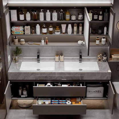 72" Modern Bathroom Vanity Double Sink with Seamless Quartz Countertop, Ceramic Undermount Basins & Storage Mirror, LED Anti-Fog, Time Temperature Display, for Bathroom Storage Organization
