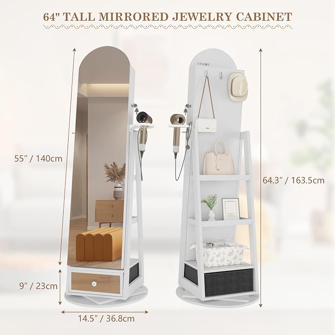 LVSOMT 64" H Arched LED Mirror Jewelry Cabinet Standing, White | 360° Swivel Full-Length Mirror with Storage, Lockable Jewelry Organizer with Inner Makeup Shelf, Gift for Women