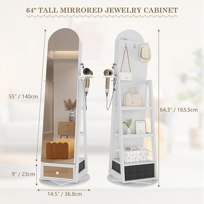 LVSOMT 64" H Arched LED Mirror Jewelry Cabinet Standing, White | 360° Swivel Full-Length Mirror with Storage, Lockable Jewelry Organizer with Inner Makeup Shelf, Gift for Women