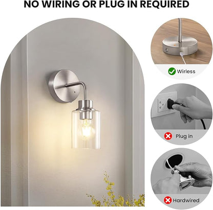 Epinl Battery Operated Wall Sconce Set of Two - Brushed Nickel Rechargeable Wireless Wall Sconces with Remote Control, Cordless Wall Lights 3000K Wall Lamp for Bedroom Bathroom Living Room
