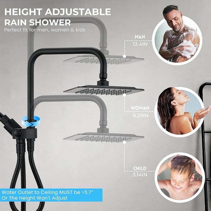 Dual Shower Head Combo, 8'' High Pressure Rain Shower Head with Handheld Spray, 6+1 Spray Settings Handheld Showerhead, Height Adjustable, One-touch Pause Button, Matte Black