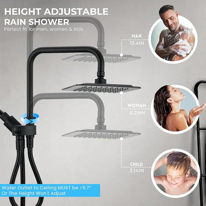 Dual Shower Head Combo, 8'' High Pressure Rain Shower Head with Handheld Spray, 6+1 Spray Settings Handheld Showerhead, Height Adjustable, One-touch Pause Button, Matte Black