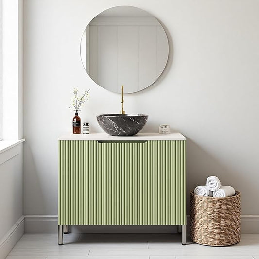30" Bathroom Vanity with Sink, Small Bathroom Storage Cabinet with Black Bowl Shaped Ceramic Basin and Sintered Stone Countertop and Soft Closing Doors, Freestanding Vanities, Light Green