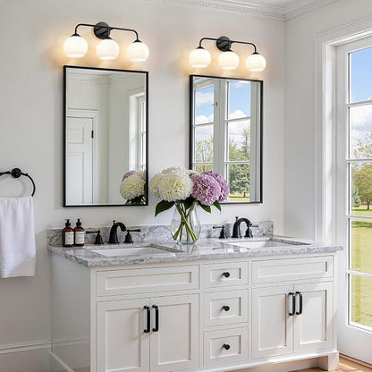 RUIYEY Bathroom Vanity Light Fixtures: 3-Light Lantern Black Vanity Lights for Bathroom Over Mirror, Farmhouse Wall Sconce Lighting with Frosted Milky Glass for Kitchen (Exclude Bulb)