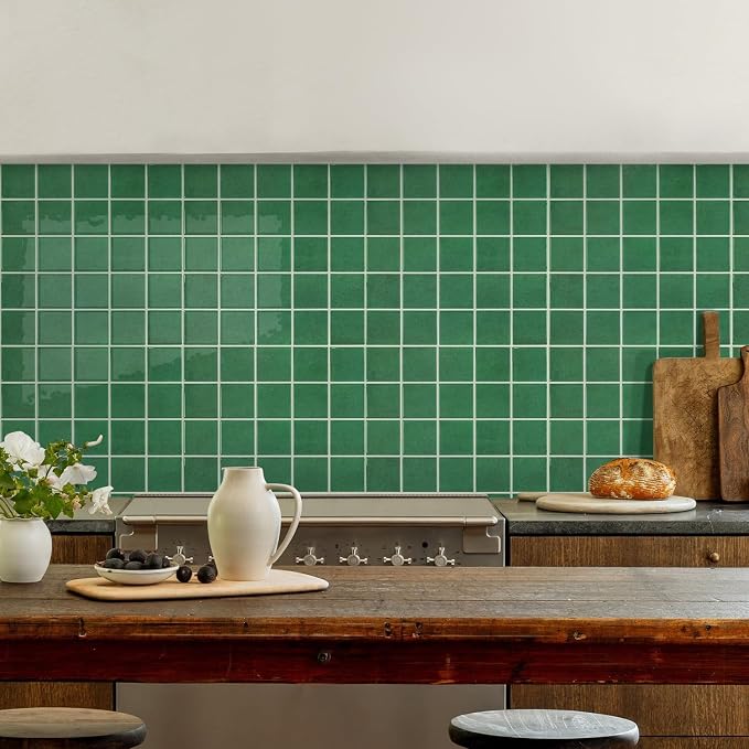Commomy Thicker Green Peel and Stick Tiles - 10 pcs of 12" x 12" | 3D Adhesive Square Peel and Stick Tiles Backsplash for Kitchen, Bathroom, Removable, Waterproof, Vinyl Wall Tile