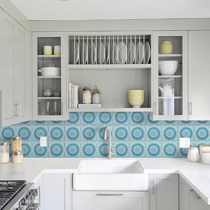 DICOFUN 32 Moroccan Tile Peel and Stick Backsplash, 6" x 6" Waterproof Mandala Stick on Wall Tiles (Style 9)