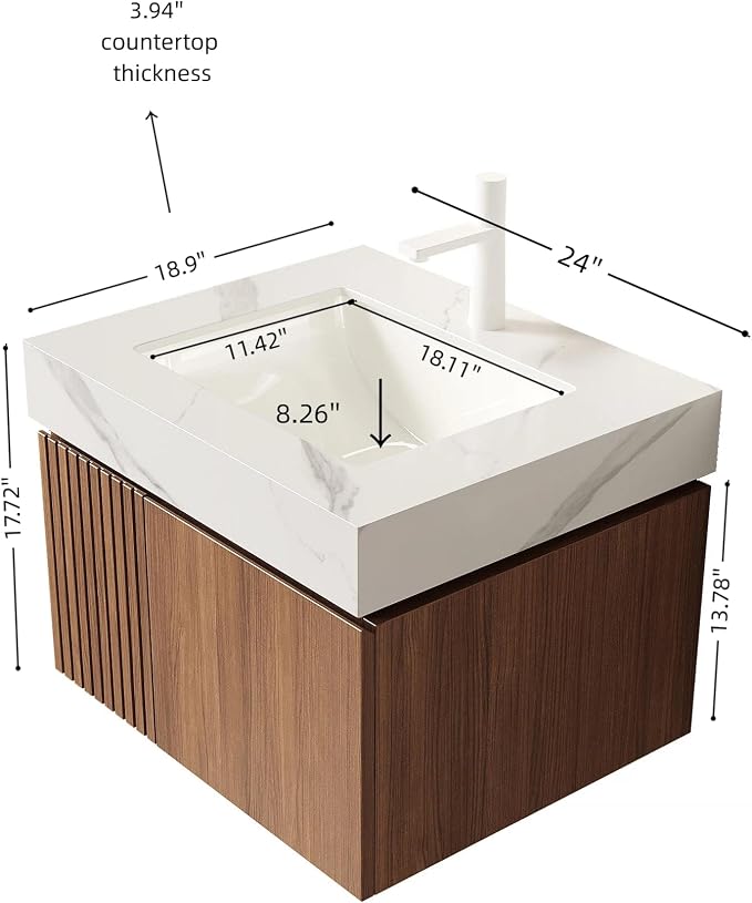 KEIKI 24 Inch Floating Bathroom Vanity with Sink, Brown Oak & White | Modern Wall Mounted Storage Cabinet with 2 Doors, Pre-assembled Wood Panels, Sintered Stone Top & Ceramic Basin Combo Set