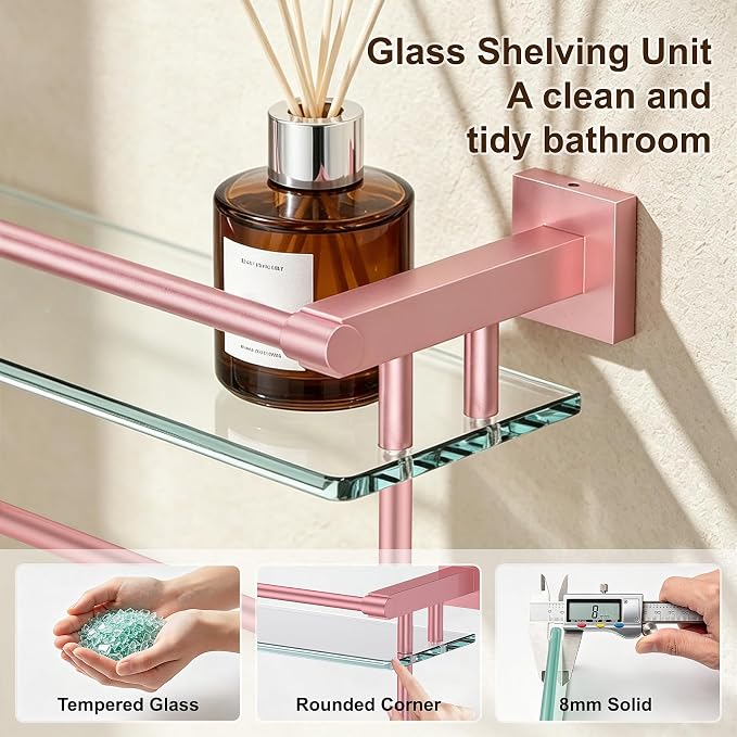 Bathroom Glass Shelf Towel Rack Shelf Glass Organizer Wall-Mounted Bathroom Storage SUS304 Stainless Steel Towel bar/Track Wall-Mounted Tempered Glass Stainless Steel Shelf (Pink, 16‘’ with Railing)