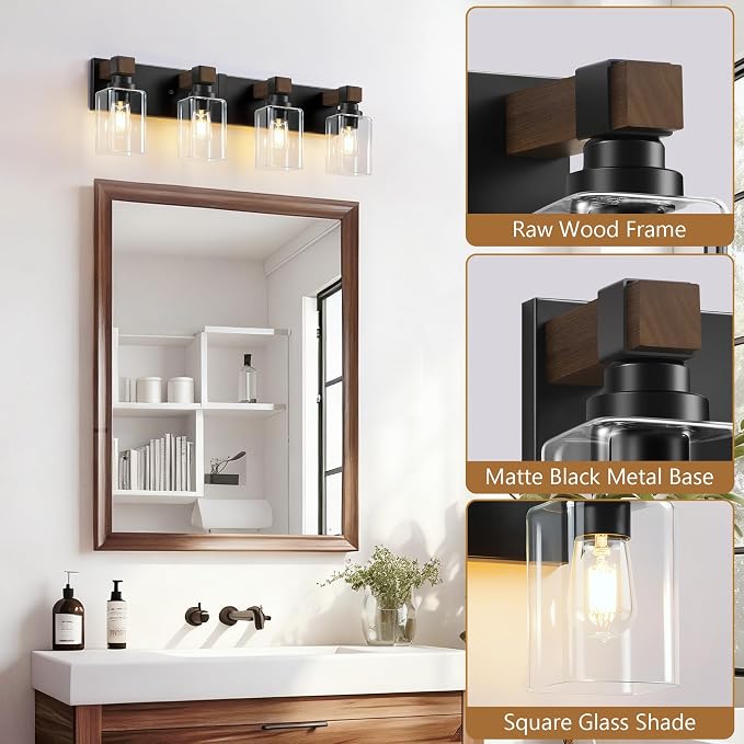 Farmhouse Black 4-Light Bathroom Vanity Light, Square Glass Shade | Vintage Rustic Design, Wood Grain Finish, Matte Black Metal, Wall Mount Over Mirror Lighting Fixtures for Bathroom Restroom