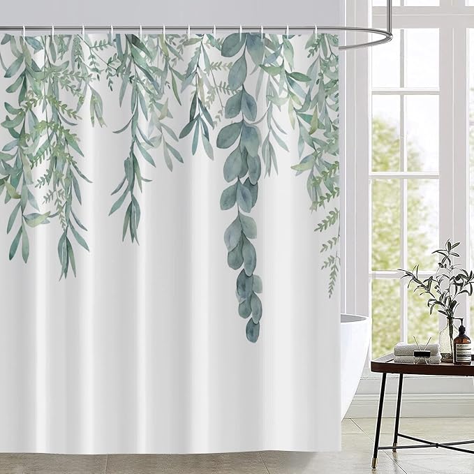 Botanical Shower Curtains, Watercolor Eucalyptus Leaf Plant Green Bathroom Curtain for Bathtub Home Decoration Waterproof Fabric Machine Washable with 12 Hooks, 72''Lx36''W (GCI-10467)