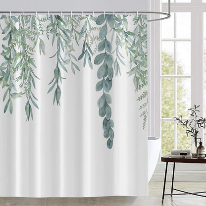 Botanical Shower Curtains, Watercolor Eucalyptus Leaf Plant Green Bathroom Curtain for Bathtub Home Decoration Waterproof Fabric Machine Washable with 12 Hooks, 72''Lx36''W (GCI-10467)