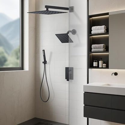 Rain Shower System 12" & 6" Dual Shower Heads, Wall Mount Shower Faucet Set | Ideal for bathroom remodels and upgrades with 12" rain shower, 6" angled shower, handheld spray and complete valve kit.