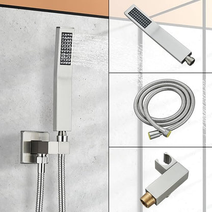 Shower Faucet Set Brushed Nickel Shower System with 12 Inches Rain Shower Head and Handheld Sprayer Wall Mounted Shower Fixture Set with Brass Shower Valve