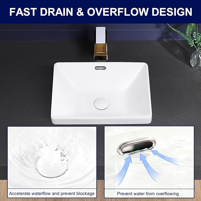 Semi Recessed Bathroom Sink 17"x13" Vessel Sink Drop-in White Porcelain Ceramic Modern Rectangular Sinks Basin Vanity Sinks with Overflow for Bathrooms
