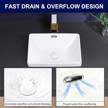 Semi Recessed Bathroom Sink 17"x13" Vessel Sink Drop-in White Porcelain Ceramic Modern Rectangular Sinks Basin Vanity Sinks with Overflow for Bathrooms