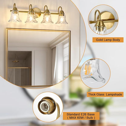 Bathroom Light Fixtures Over Mirror, 4 Lights Vintage Wall Sconces with Hammered Glass Shade, 26.8" Gold Bathroom Wall Light Fixtures for Bedroom, Porch, Hotel, Mirror Cabinet