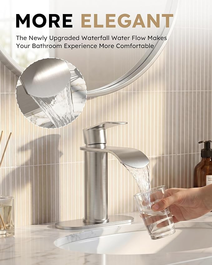 WOWOW Brushed Nickel Bathroom Faucet:Single Hole Waterfall Bathroom Faucets Sink with cUPC Supply Lines and Pop Up Drain,Modern Single Handle Bathroom Faucet 1 Hole for Countertop,Bathroom Sink Faucet