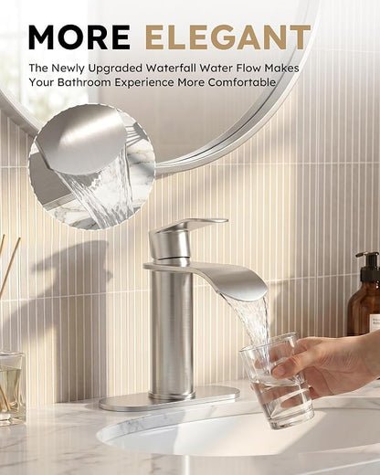 WOWOW Brushed Nickel Bathroom Faucet:Single Hole Waterfall Bathroom Faucets Sink with cUPC Supply Lines and Pop Up Drain,Modern Single Handle Bathroom Faucet 1 Hole for Countertop,Bathroom Sink Faucet