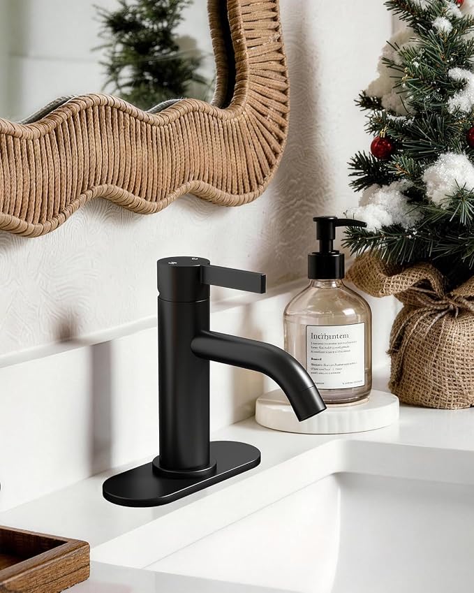 Matte Black Bathroom Faucet Single Hole with Pop-Up Bathroom Drain and Flexible Hoses Single Handle Bathroom Sink Faucet w/Deck Plate(1 or 3 Hole) for Vanity Sinks, RV, Farmhouse
