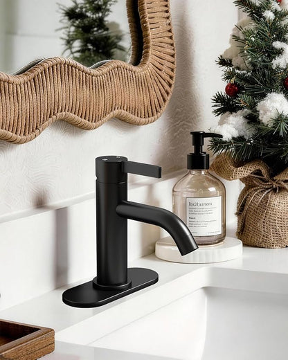 Matte Black Bathroom Faucet Single Hole with Pop-Up Bathroom Drain and Flexible Hoses Single Handle Bathroom Sink Faucet w/Deck Plate(1 or 3 Hole) for Vanity Sinks, RV, Farmhouse