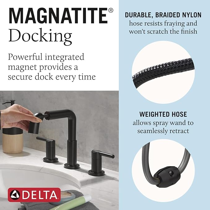 Delta Nicoli Matte Black Bathroom Faucet with Sprayer, 8 Inch 3 Hole Widespread Bathroom Sink Faucet with Pull Out Sprayer, Push-Pop Drain, Matte Black 35849LF-BLPD