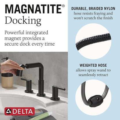 Delta Nicoli Matte Black Bathroom Faucet with Sprayer, 8 Inch 3 Hole Widespread Bathroom Sink Faucet with Pull Out Sprayer, Push-Pop Drain, Matte Black 35849LF-BLPD