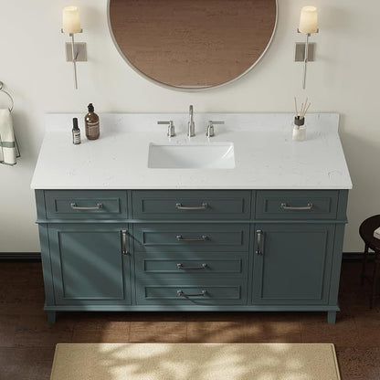 60 Inch Bathroom Vanity with Sink, Fully Assembled, Green | Solid Wood Single Sink Bathroom Vanity, Modern Bathroom Sink Cabinet, Soft Close Doors & Dovetail Drawers, 0.78" Stone Top
