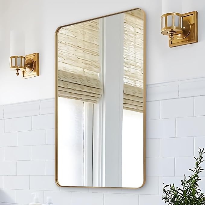 24x40 Inch Gold Bathroom Mirror, Stainless Steel Metal Frame with Rounded Corner, Rectangle Glass Panel Wall Mounted Mirror Decorative for Bathroom