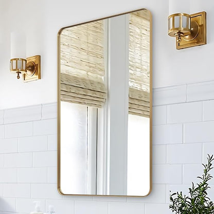 24x40 Inch Gold Bathroom Mirror, Stainless Steel Metal Frame with Rounded Corner, Rectangle Glass Panel Wall Mounted Mirror Decorative for Bathroom