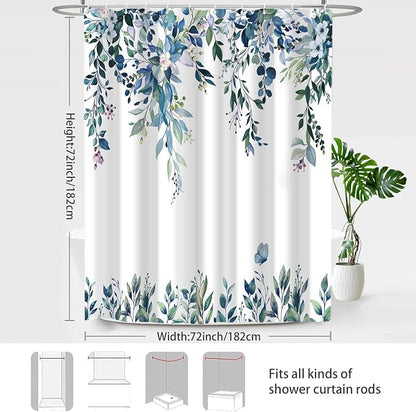 Dark Blue Floral Eucalyptus Shower Curtain with Hooks, 72x72 Inch | Waterproof Fabric, Watercolor Leaves and Floral, Botanical Style, Machine Washable, Quick-Drying, for Hotel Bathroom