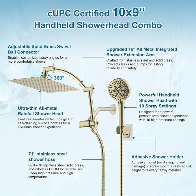 Hibbent Metal 10" High Pressure Rain Shower Head Combo, Polished Brass | cUPC Certified Rainfall Shower Head with handheld 10 Sprays, 16'' Adjustable Extension Arm, 71'' Hose, Showerhead Holder
