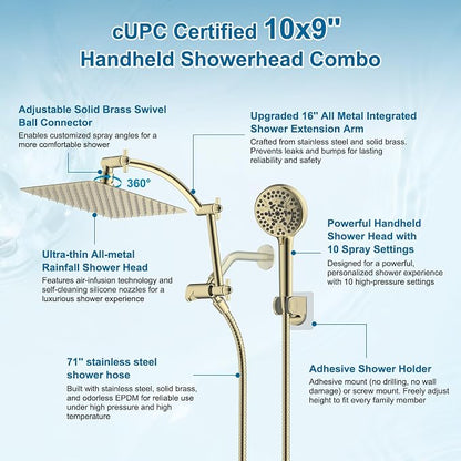 Hibbent Metal 10" High Pressure Rain Shower Head Combo, Polished Brass | cUPC Certified Rainfall Shower Head with handheld 10 Sprays, 16'' Adjustable Extension Arm, 71'' Hose, Showerhead Holder