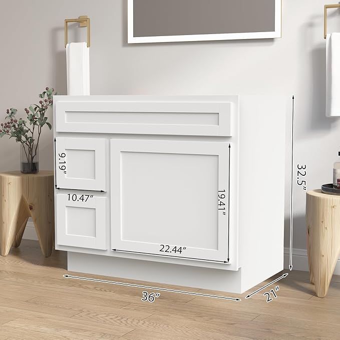 Vanity Art 36 Inch Single Shutter Door Bathroom Vanity Base Cabinet with 2 Functioning Shaker Drawers, Strudy Floor Mount Storage Cabinet Organizer for Bedroom, Living Room, Kitchen, VA4036-2LW