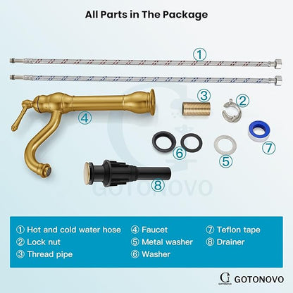 gotonovo Vessel Sink Faucet 360° Swivel Spout Single Handle Tall Bathroom Faucet 1 Hole Farmhouse Lavatory Washbasin Mixer Tap Matching Supply Hoses, with Pop Up Drain, Brushed Gold