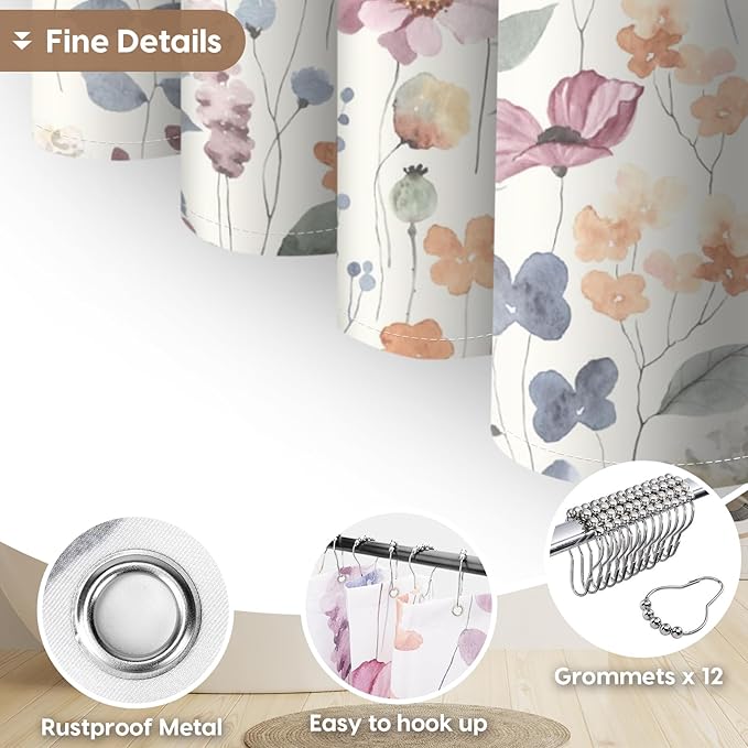 Amaredom Ink Floral Shower Curtain, Colorful Flower Shower Curtain for Bathroom, Waterproof Fabric Shower Curtain Set, Bathroom Decoration with 12 Hooks 72x72 Inches