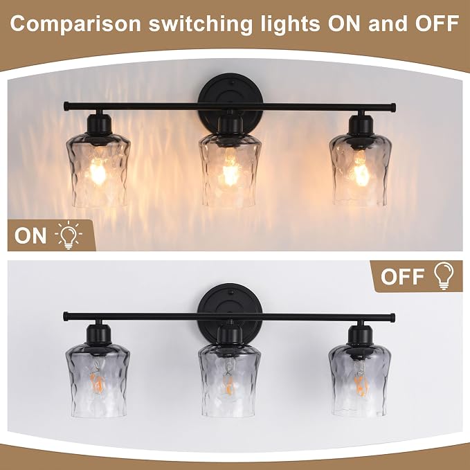 3-Light Bathroom Light Fixtures Black Vanity Light with Grey Glass Shade | Modxian Modern E26 Bathroom Wall light for Over Mirror, Kitchen, Hallway, Cabinet, Porch, Bedroom
