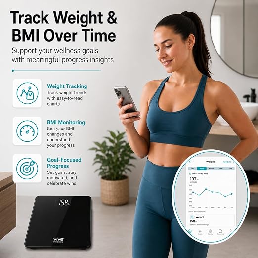 Vive Smart Body Weight Scale (550lbs Capacity) - Heavy Duty Bariatric Digital Scale for BMI - Plus Size, Large Display - Bathroom Device for Health Extra Wide Base & Smartphone Connectivity