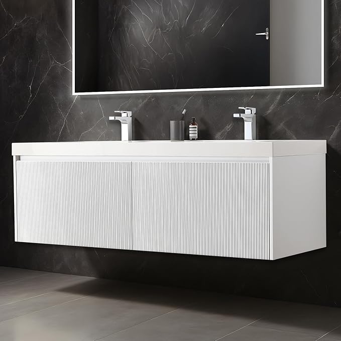 Blossom 60 Inch Double Sink Bathroom Vanity, All Wood Wall Mounted Floating Bathroom Vanity Cabinet with Acrylic Sink, Bathroom Sink Cabinet with Soft-Close Drawers, Modern Vanities, Matte White
