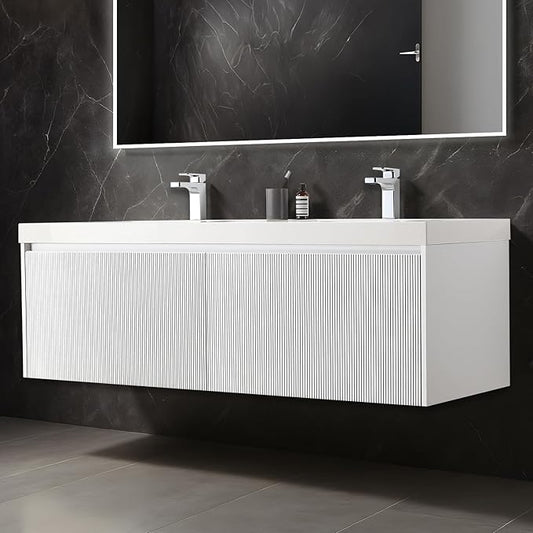 Blossom 60 Inch Double Sink Bathroom Vanity, All Wood Wall Mounted Floating Bathroom Vanity Cabinet with Acrylic Sink, Bathroom Sink Cabinet with Soft-Close Drawers, Modern Vanities, Matte White