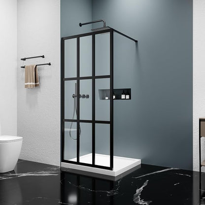 34x72 Matte Black Walk-In Shower Screen, 1/4" Tempered Glass with Frame | Metal Finish Grid Pattern, Aluminum Alloy Frame, Stainless Steel System, Reversible Installation, Easy to Assemble, No Base